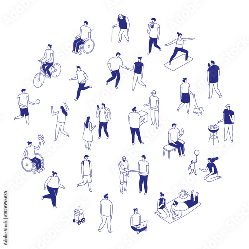 Isometric line people isolated set of diverse characters in everyday activities on white background. Minimal blue outline lifestyle bundle with fitness, music, delivery,