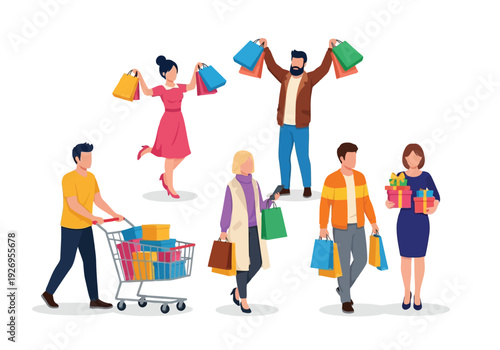 Illustration of a diverse group of people happily shopping with numerous bags and a full shopping cart, depicting consumerism and retail enjoyment
