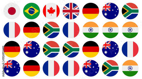Collection of Round National Flags in a Grid Layout, Representing Global Diversity and Internationality