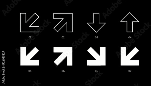 Diverse vector arrow icon set featuring outlined and solid styles for modern UI/UX design, clear directional navigation, and dynamic graphic elements