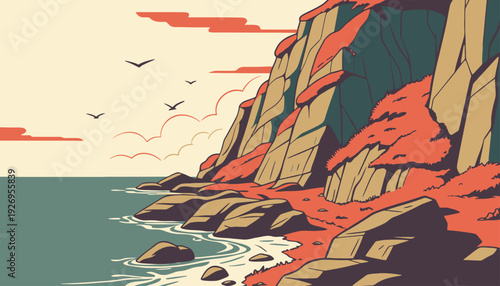 Vector art of dramatic coastal cliffs, tranquil ocean, and soaring birds under a stylized sky, showcasing nature's beauty with an artistic touch
