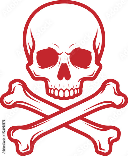 A red skull and crossbones symbol on a white background with a grey border. Vector, illustration