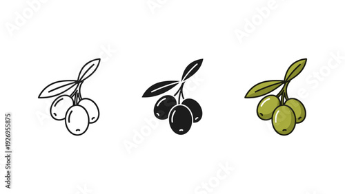 Olive branch set with green leaves and black olives isolated on white background vector illustration