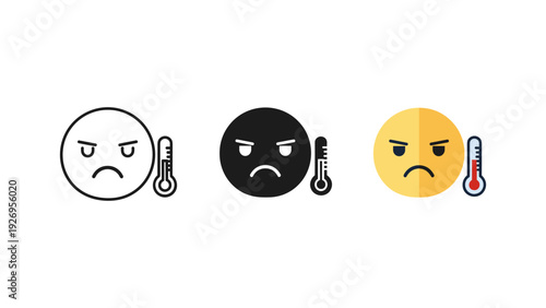 Sick fever emoji faces with thermometers showing high temperature illness symptoms vector icons set