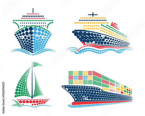 Maritime shipping collection featuring ocean cruise liner cargo container ship and sailboat icons in creative circular halftone dot pattern