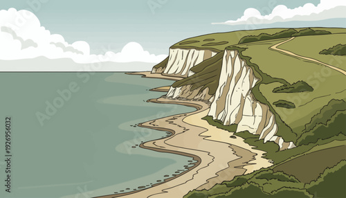 Serene illustrated coastal landscape featuring towering white cliffs overlooking a tranquil beach and sparkling sea under a clear sky, perfect for travel and nature themes