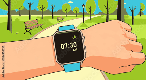 Hand wearing a digital smartwatch with a blue strap checks the time at 7 30 am in a vibrant park with benches trees and a pathway