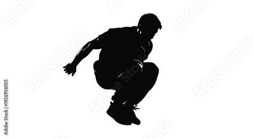 Dynamic male silhouette vector illustration. Man in action pose, jumping or crouching. Concept of agility, parkour, and free movement.