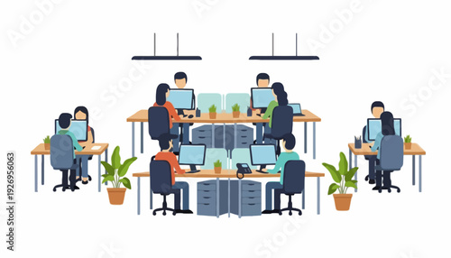 Illustration of an office environment with multiple workers at their desks, engaged in their tasks, showcasing a collaborative workspace