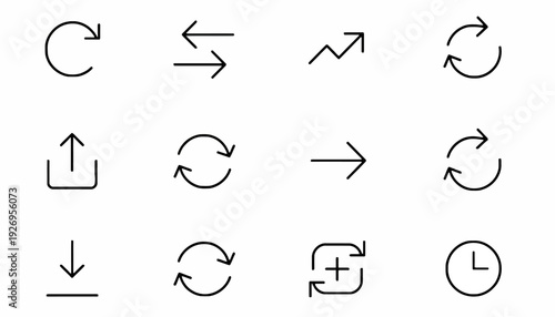 Set of Circular and Linear Arrows, Upload and Download Icons, and Clock Symbol - A Collection of Versatile UI Elements