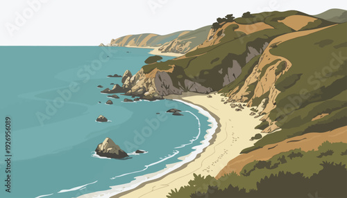 Serene coastal landscape illustration with sandy beach, dramatic cliffs, and calm ocean. Distant hills complete this peaceful vista, evoking tranquility and natural beauty