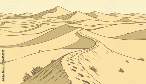 Serene desert landscape illustration with rolling sand dunes and a winding path marked by footprints, evoking an endless journey through nature