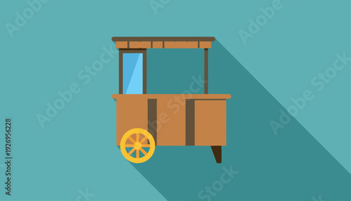 Wooden street food cart with canopy and single wheel, isolated on a teal background with long shadow