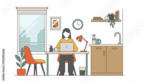 A person working from home at a desk with a laptop, lamp, and supplies in a room with a window and shelving