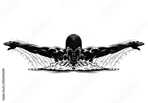 Dynamic swimmer illustration. Athlete performing butterfly stroke with powerful water splashes. Sports and competition concept.