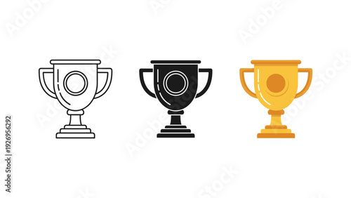 Three golden silver and black trophy cups isolated on white background for success achievement and competition vector illustration