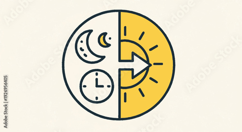 Circular design featuring a split yellow and white color scheme with day night clock and arrow symbols