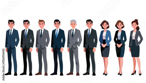 Professional men and women standing confidently side by side, corporate posture, flat vector illustration, people only, no background, transparent SVG style.ai