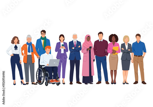 Illustration of diverse group of people standing together, including a person in a wheelchair, representing diversity and inclusion