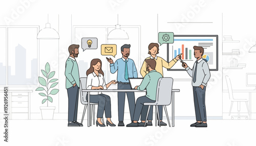 Diverse business professionals collaborate in a productive office meeting, brainstorming ideas and analyzing data for strategic planning and project development