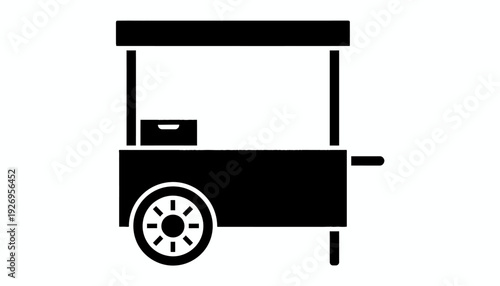 Stylized silhouette icon of a classic mobile street food vendor cart, ideal for conveying small business concepts, casual dining, and market stall services