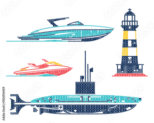 Submarine motorboat jet ski and lighthouse icons in colorful halftone dot style representing underwater exploration and coastal navigation