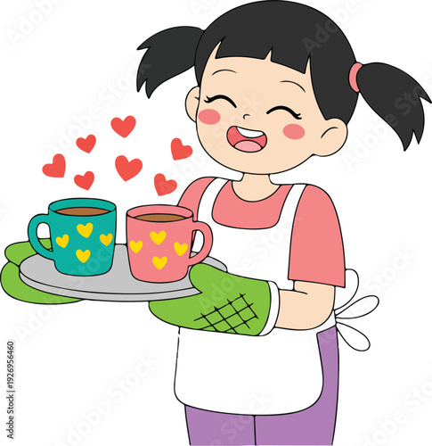 A cartoon illustration of a cheerful girl with black hair in two pigtails, wearing a pink long-sleeved shirt and a white apron