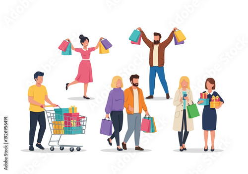 Illustration of people happily shopping with shopping bags and a cart, enjoying consumerism and retail therapy