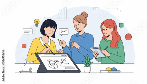 Teamwork and collaboration illustration of a diverse group of professionals brainstorming ideas and working on a project together