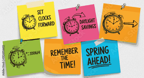 Colorful sticky notes with hand drawn clocks and reminders about daylight savings and spring ahead adjustments