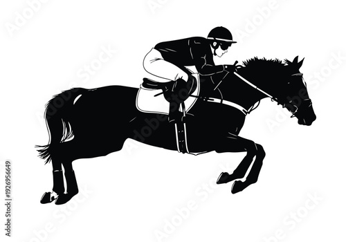 Equestrian jumping illustration. Horse and rider silhouette. Dynamic sports event, skill, agility, and partnership.