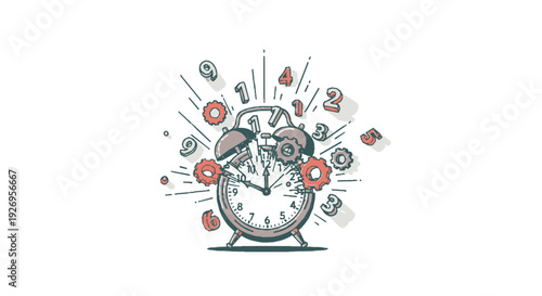 Broken alarm clock with shattered glass and scattered gears bursting outward in a dynamic explosion effect