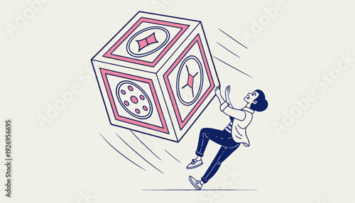 A woman faces an overwhelming challenge as a massive die tumbles towards her, symbolizing the unpredictable nature of risk, destiny, and major life or business decisions