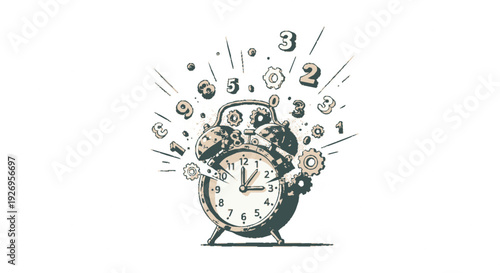 Alarm clock surrounded by bursting coins and dollar symbols symbolizing wealth over time