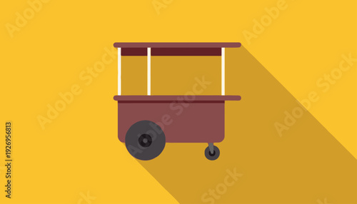 A minimalist brown food cart with a dark wheel and a simple canopy casting a long shadow on a vibrant yellow background