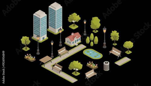 Detailed Isometric Urban Park and Cityscape Elements Vector Illustration Set for Architectural Planning and Digital Layouts