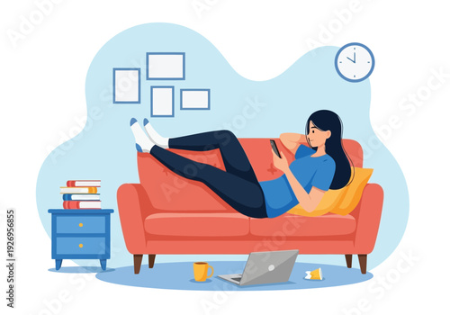 Illustration of woman relaxing on a couch with a phone and laptop nearby, surrounded by books and home decor, representing leisure time