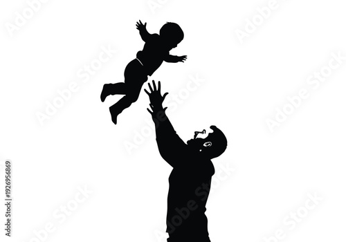 Father and baby playing silhouette. Joyful moment of dad throwing child in air. Parental love and family bonding concept.