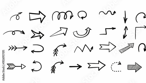Dynamic collection of hand-drawn arrows, featuring a spontaneous, sketchy aesthetic for versatile navigation and directional design elements, conveying quick, fluid movement