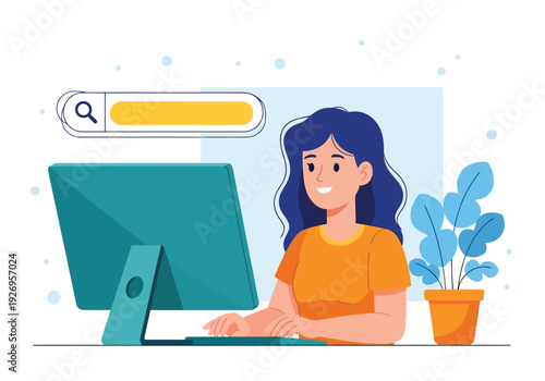 Illustration of woman with dark hair typing on a keyboard in front of a computer screen, with a search bar and a plant nearby