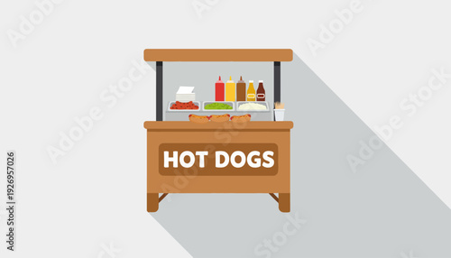 Vibrant Flat Design Illustration of a Classic Hot Dog Stand Offering Delicious Fast Food with Condiments for Quick Meals and Street Food Concepts