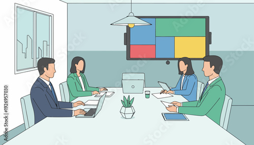 Business meeting in a modern conference room with a digital display board and attendees collaborating on laptops and tablets