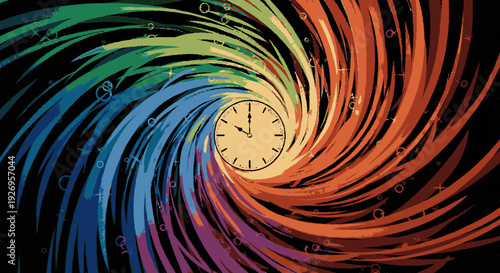 Golden analog clock at the center of vibrant rainbow spiral with time symbols on dynamic swirling background
