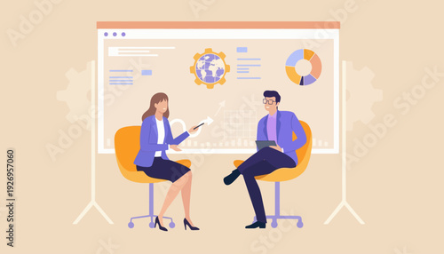 Business professionals discussing data insights and strategic reports during a corporate meeting with interactive visualizations on a large screen