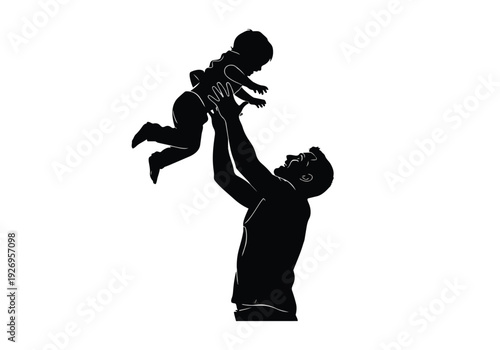 Father and child silhouette. Happy parent lifting infant in air. Family bond, love, and joy of parenthood concept.