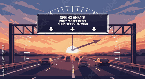 Roadside billboard reminds drivers to set clocks forward for daylight saving time during sunset on highway