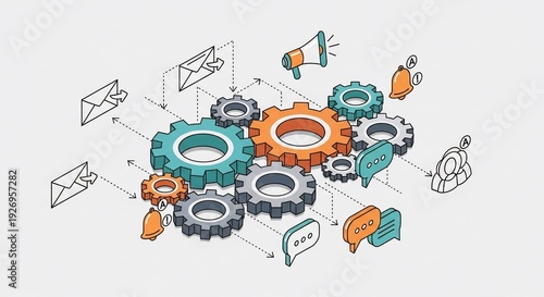 Isometric Gears and Communication Icons Illustrating Business Process Automation.