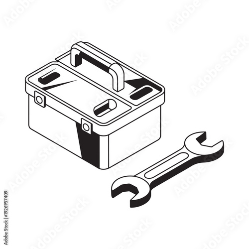A black and white illustration depicting a toolbox and open end wrench