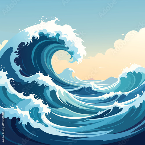 Powerful ocean wave crashing at sunset with dramatic sea foam and flowing water, dynamic seascape in blue tones, nature energy concept vector illustration background.