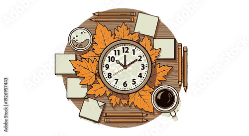 Autumn themed clock surrounded by falling leaves coffee and books on a wooden table warm tones cozy setting